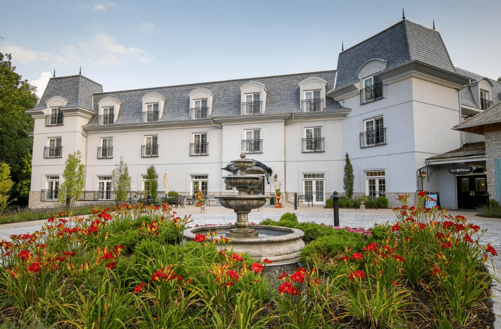 Welcoming entrance to the Mirbeau Inn & Spa in Rhinebeck.